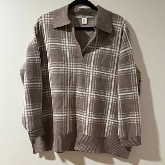Max Studio Plaid Soft Sweater Womens 1X Tan Plaid Collared Long Sleeve Pullover - Picture 2 of 6